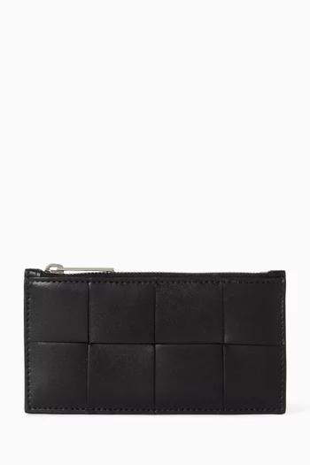 Zipped Card Case in Intrecciato Leather