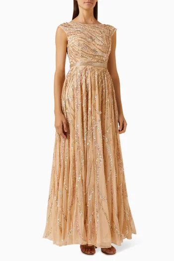 Embellished Illusion Cap-sleeve Gown in Mesh