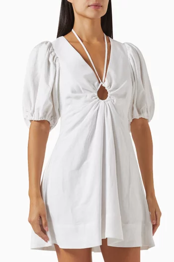 Ruched Keyhole Mini Dress in Linen-blend