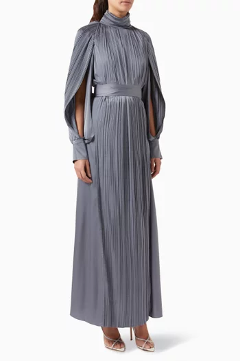 Belted Pleated Maxi Dress in Satin