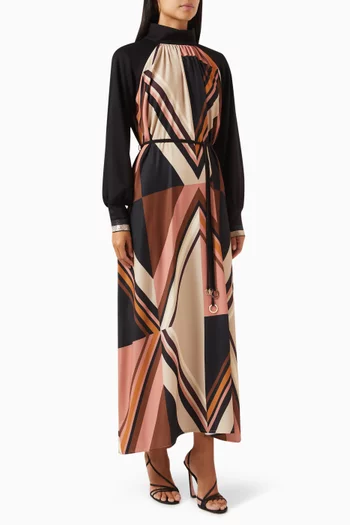 Geometric-print Belted Maxi Dress in Satin