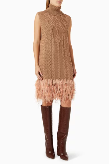 Ostrich Feather-trim Mini Dress in Cotton-knit