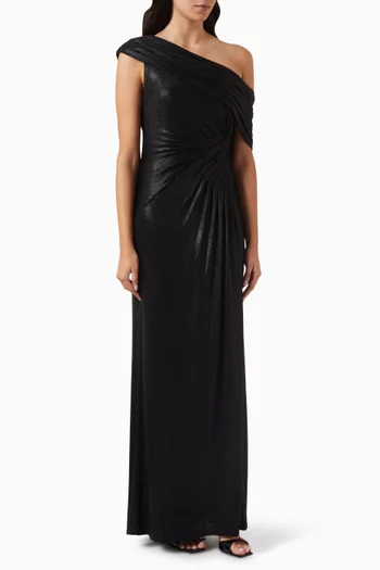 Leary Draped One-Shoulder Gown in Metallic Jersey