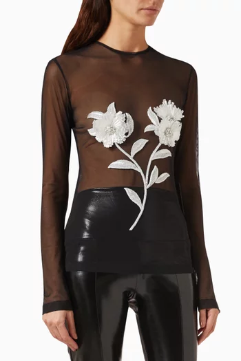 Floral-embroidered Top in Mesh
