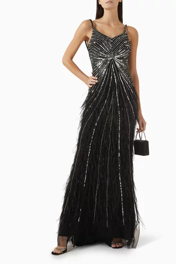 Sequin & Feather Embellished Gown in Tulle