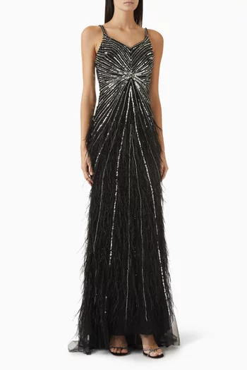 Sequin & Feather Embellished Gown in Tulle