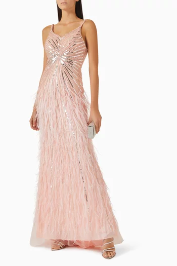 Sequin & Feather Embellished Gown in Tulle