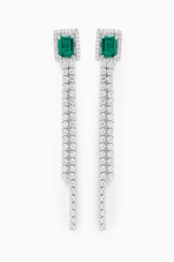Emerald & Pave Fringe Earrings in Rhodium-plated Brass