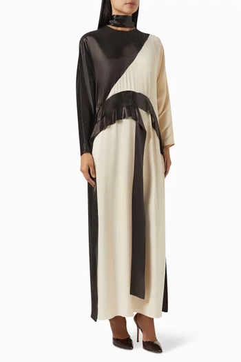 فستان طويل بياقة بوشاح وتصميم بلونين فيسكوز