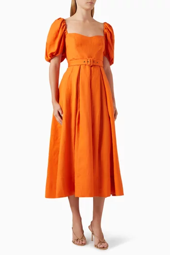 فستان سولر متوسط الطول مقسم لأجزاء كتان