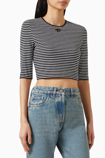 Triangle Logo Striped Crop Top in Cotton