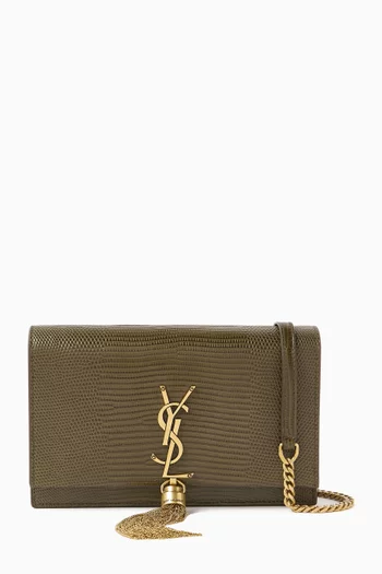 Small Kate Chain Wallet with Tassel in Shiny Lizard Leather