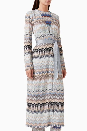 Zigzag Belted Long Cardigan in Viscose-blend Knit
