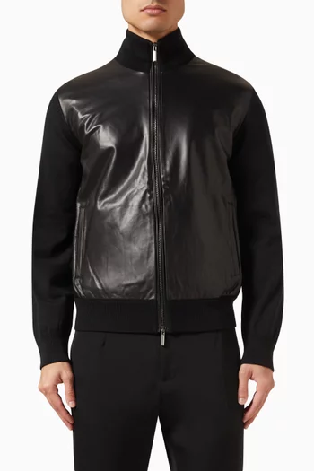 Panelled Bomber Jacket in Wool & Leather