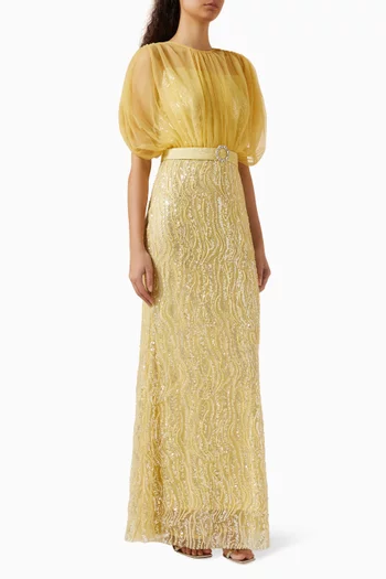 Sequin-embellished Belted Maxi Dress in Tulle
