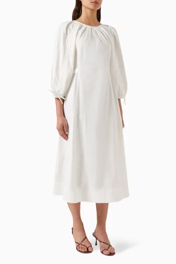Puff-sleeve Flared Midi Dress in Cotton