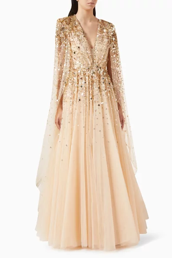 Alondra Sequin-embellished Cape Gown
