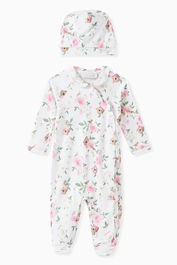 Floral-print Sleepsuit and Hat Set in Cotton