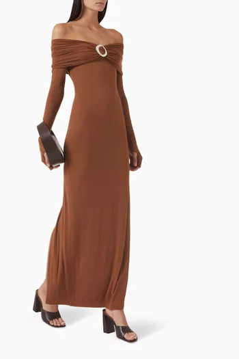 Amara Buckle Off-shoulder Maxi Dress in Cashmere-viscose