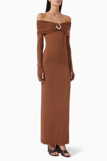 Amara Buckle Off-shoulder Maxi Dress in Cashmere-viscose