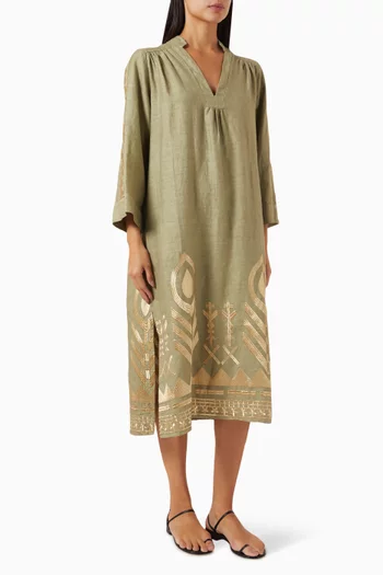 Embroidered Feather Maxi Dress in Linen