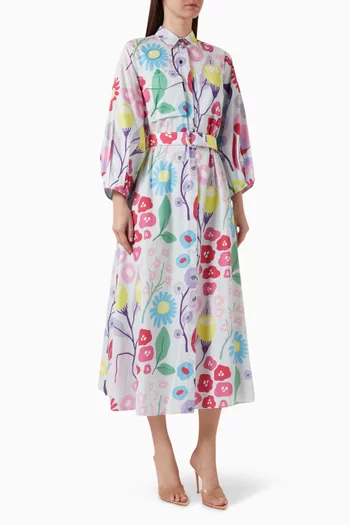 Hibiscus-C Printed Shirt Dress in Cotton-satin