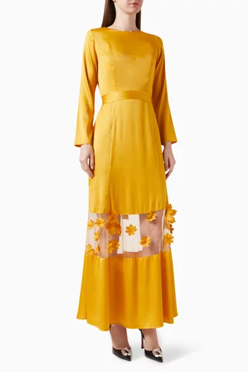 Floral-embroidered Maxi Dress in Satin