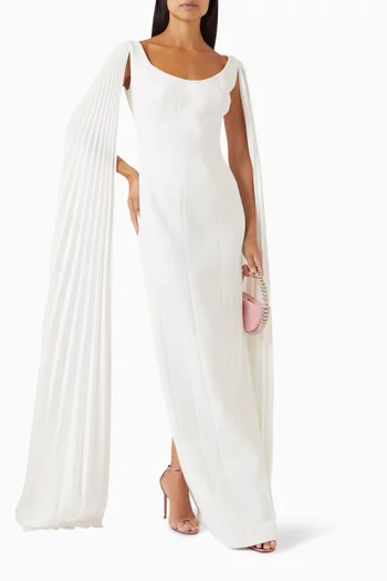 Pleated Cape-sleeve Maxi Dress in Crepe