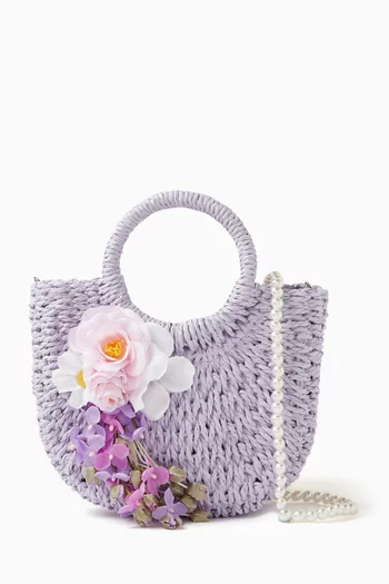 Floral-appliqué  Tote Bag in Raffia