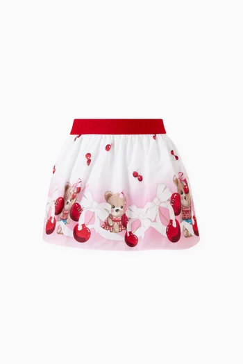 Teddy & Cherry-print Skirt in Cotton Poplin