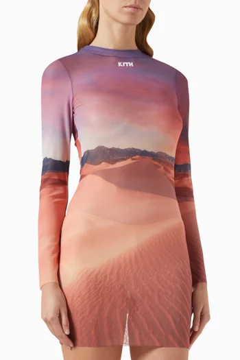 فستان مولبيري قصير بنقشة غروب شمس بالصحراء قماش شبكي