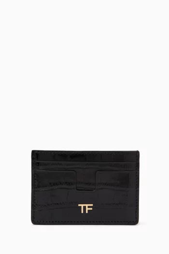 TF Monogram Card Holder in Crocodile-embossed Leather