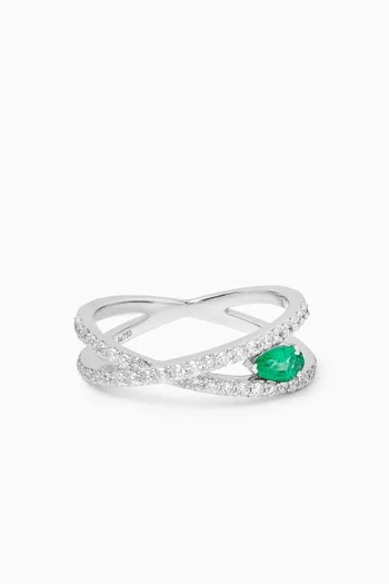 Crossover Emerald & Diamond Ring in 18kt White Gold