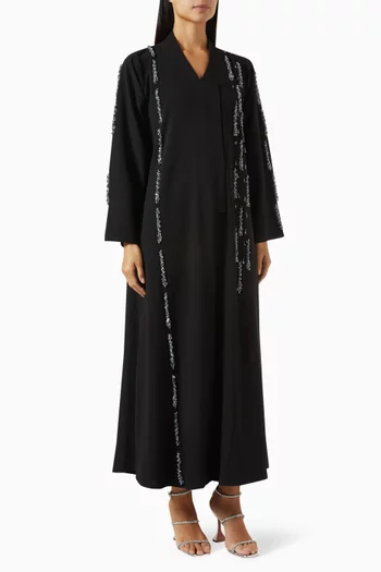 Multi-beads & Crystal Embroidered Abaya in Mixed Linen
