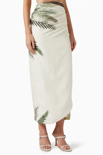Mapara Palms Wrap Midi Skirt in Linen
