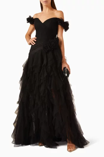 Off-shoulder Ruffle Gown in Tulle