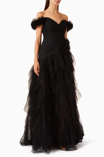 Off-shoulder Ruffle Gown in Tulle