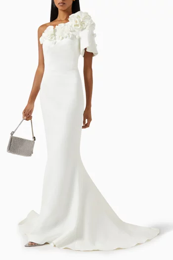 One-shoulder Floral-appliqué Gown in Scuba