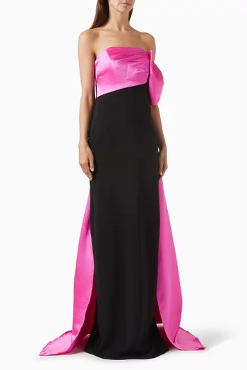 One-shoulder Two-tone Gown in Satin & Crepe