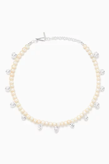 Pearl & Cubic Zirconia Beaded Necklace in Sterling Silver
