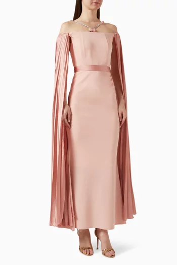 Off-shoulder Crystal Cape-style Maxi Dress