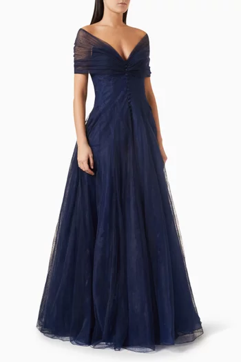 Draped off-the-shoulders dress with abuttoned-down front, and a gathered bowclosure at the back.:Navy    :40|217207820