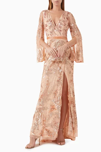Sequin-embellished Faux Wrap Maxi Gown in Mesh