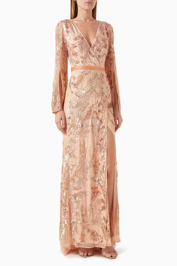 Sequin-embellished Faux Wrap Maxi Gown in Mesh
