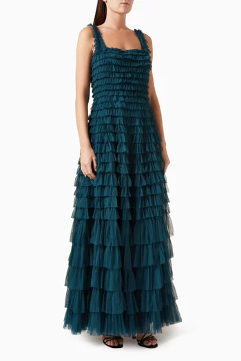 Ruffled Tiered Gown in Mesh