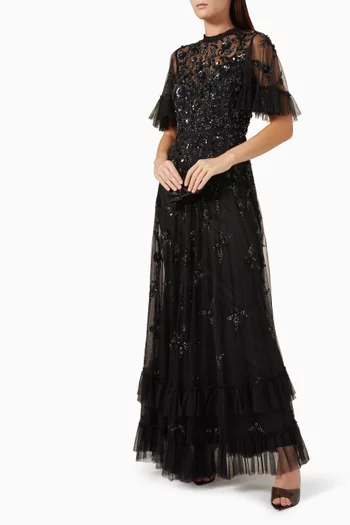 Floral-embellished Flutter-sleeve Gown in Tulle