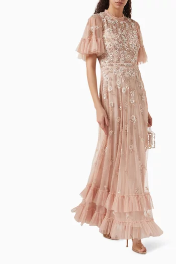 Floral-embellished Flutter-sleeve Gown in Tulle