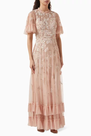 Floral-embellished Flutter-sleeve Gown in Tulle