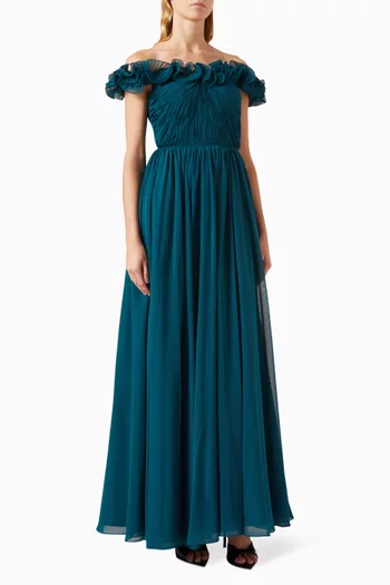 Ruched Off-shoulder Gown in Tulle