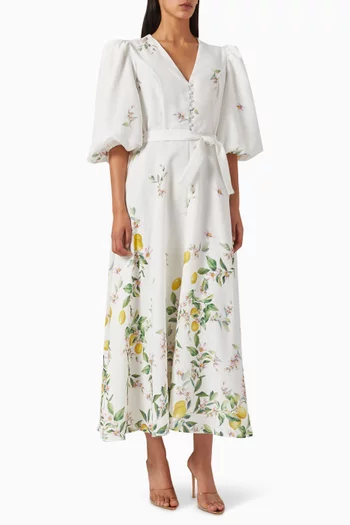 Lemon-print Belted Midi Dress